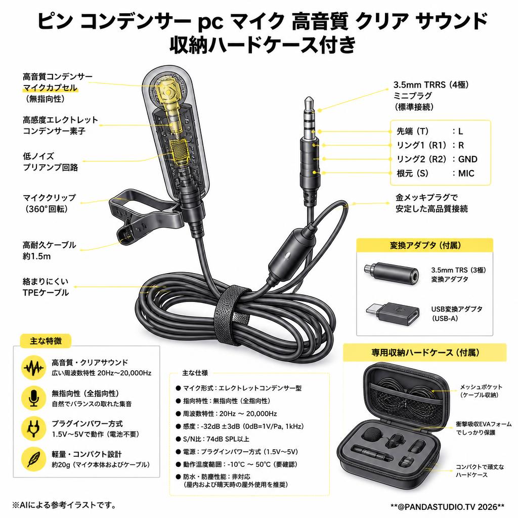 ピン コンデンサー pc マイク 高音質 クリア サウンド 収納ハードケース付き スペック