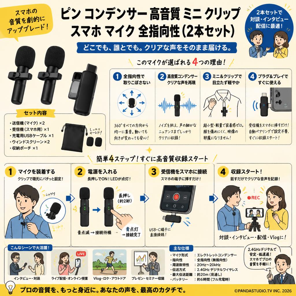 ピン コンデンサー 高音質  ミニ クリップ  スマホ マイク 全指向性（2本セット） 概要