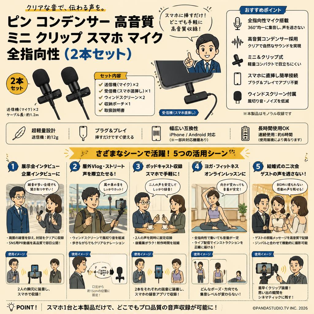 ピン コンデンサー 高音質  ミニ クリップ  スマホ マイク 全指向性（2本セット） 用途