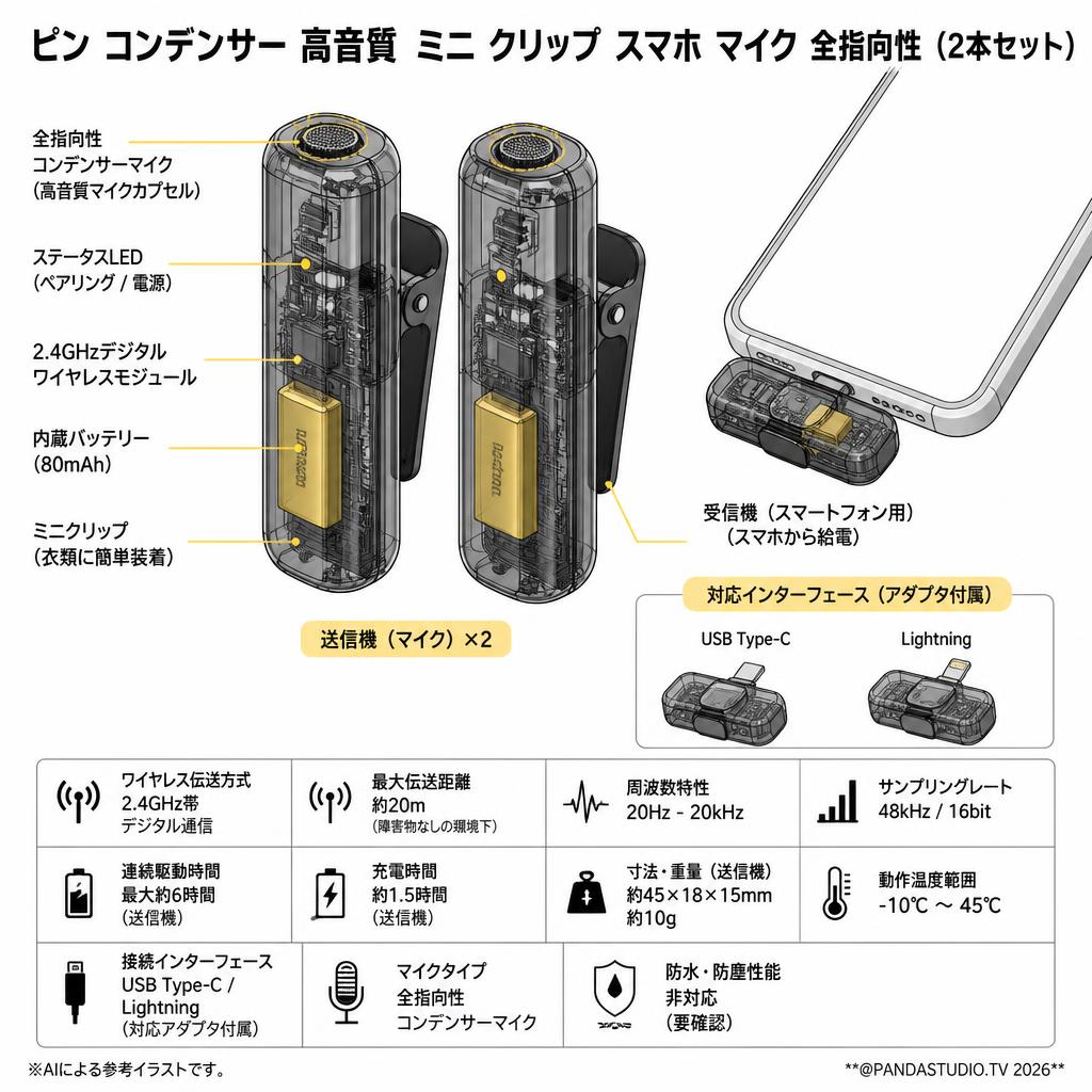 ピン コンデンサー 高音質  ミニ クリップ  スマホ マイク 全指向性（2本セット） スペック