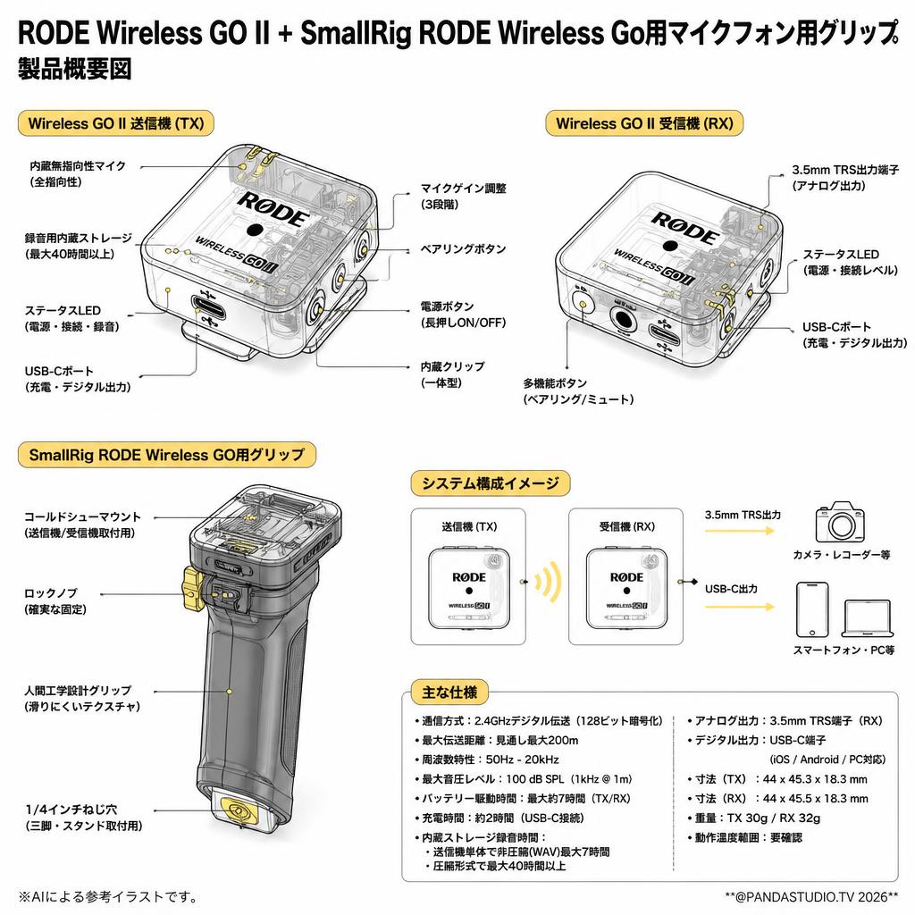 RODE Wireless GO II +SmallRig RODE Wireless Go用マイクフォン用グリップ スペック