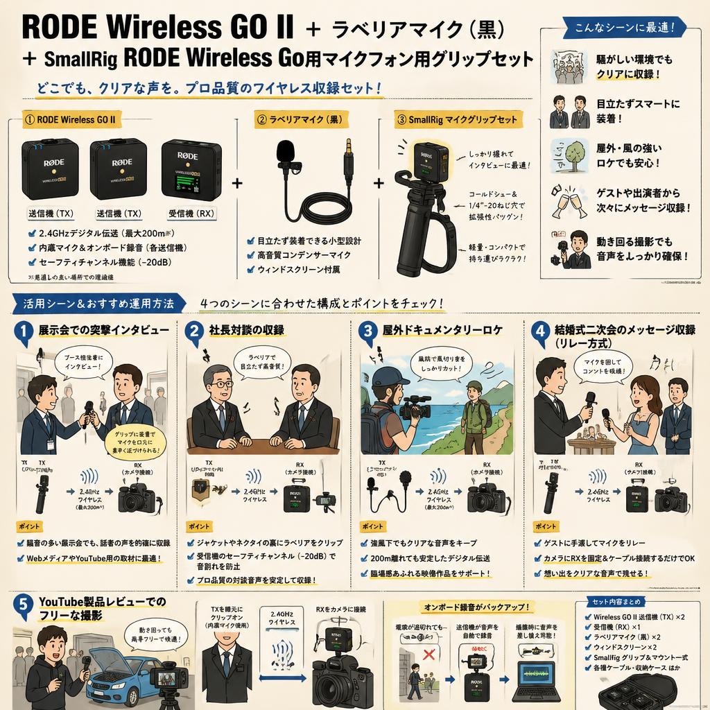 RODE Wireless GO II  ＋ ラベリアマイク（黒）+SmallRig RODE Wireless Go用マイクフォン用グリップセット 用途
