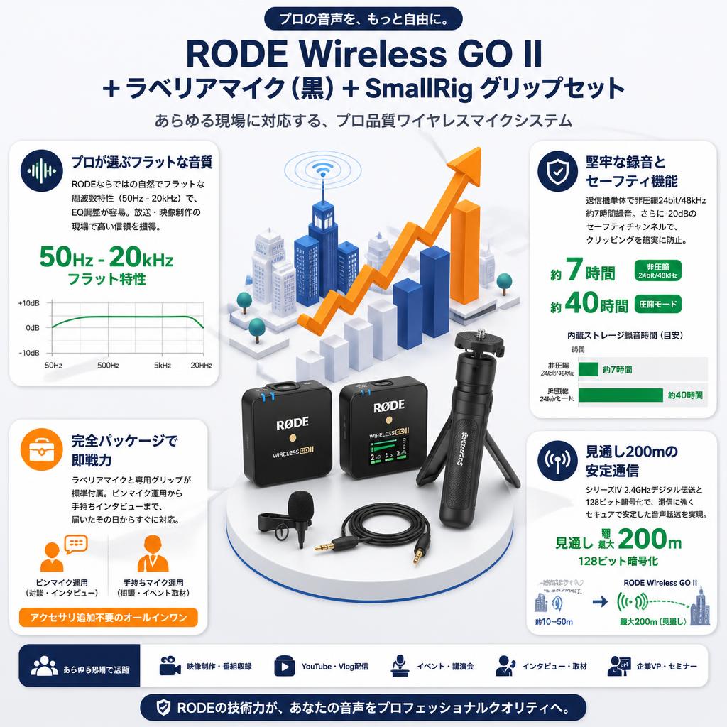 RODE Wireless GO II  ＋ ラベリアマイク（黒）+SmallRig RODE Wireless Go用マイクフォン用グリップセット セールスポイント