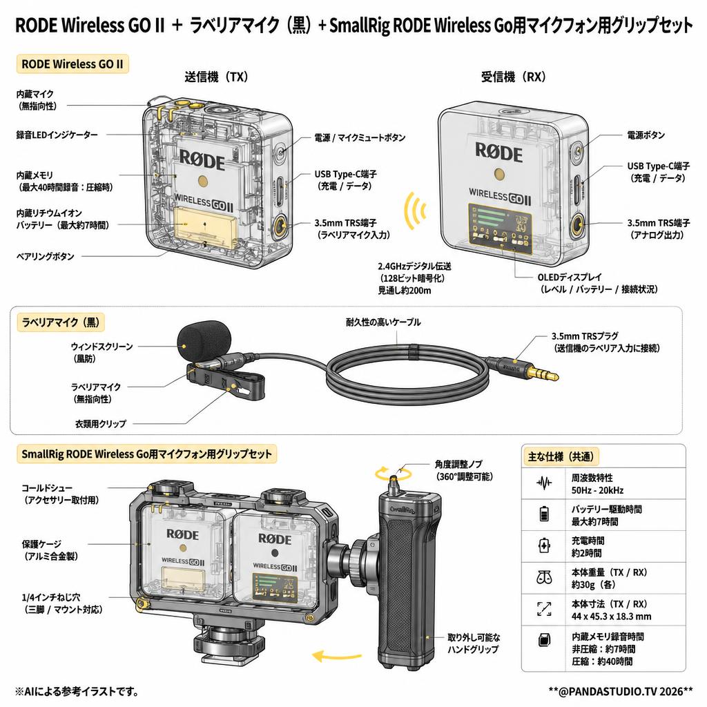 RODE Wireless GO II  ＋ ラベリアマイク（黒）+SmallRig RODE Wireless Go用マイクフォン用グリップセット スペック