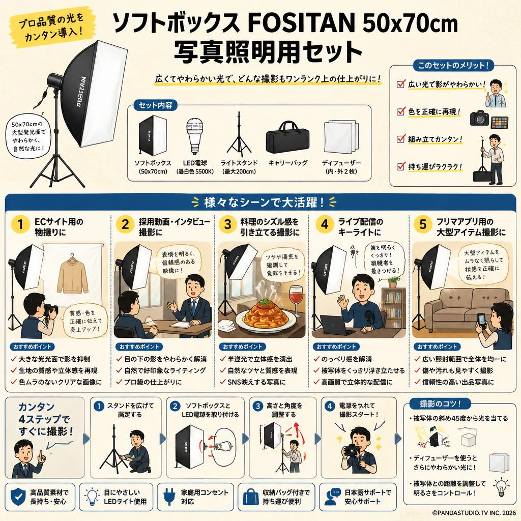 ソフトボックス FOSITAN 50x70cm写真照明用セット 用途