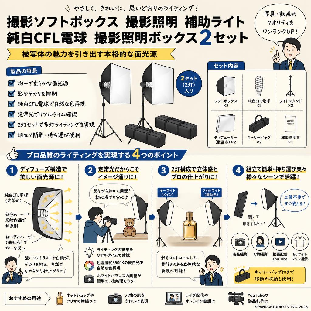 撮影ソフトボックス 撮影照明 補助ライト 純白CFL電球 撮影照明ボックス2セット 概要