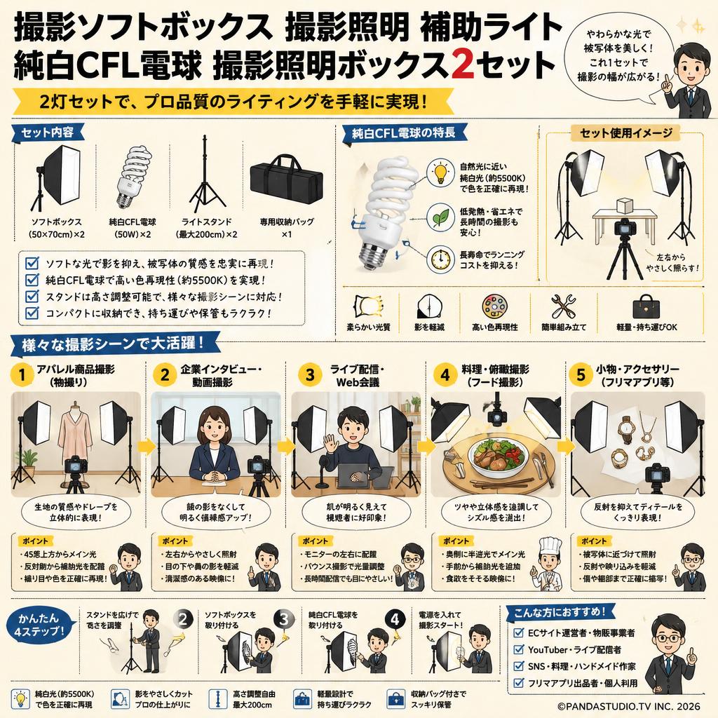 撮影ソフトボックス 撮影照明 補助ライト 純白CFL電球 撮影照明ボックス2セット 用途