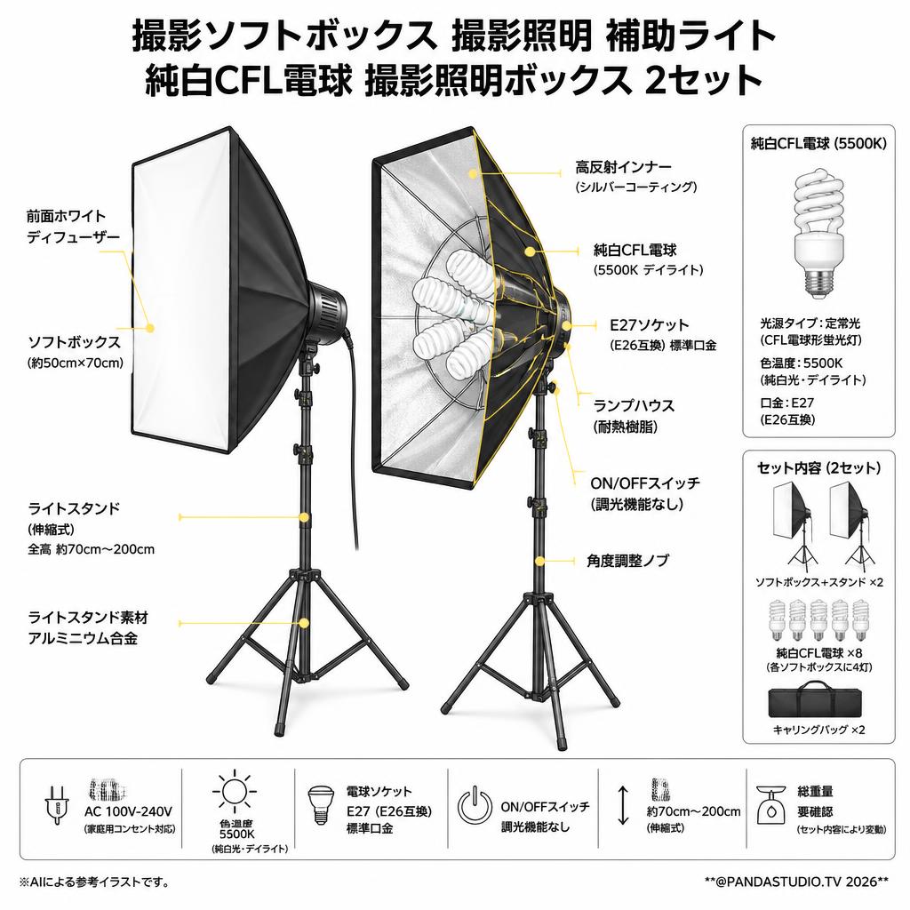 撮影ソフトボックス 撮影照明 補助ライト 純白CFL電球 撮影照明ボックス2セット スペック