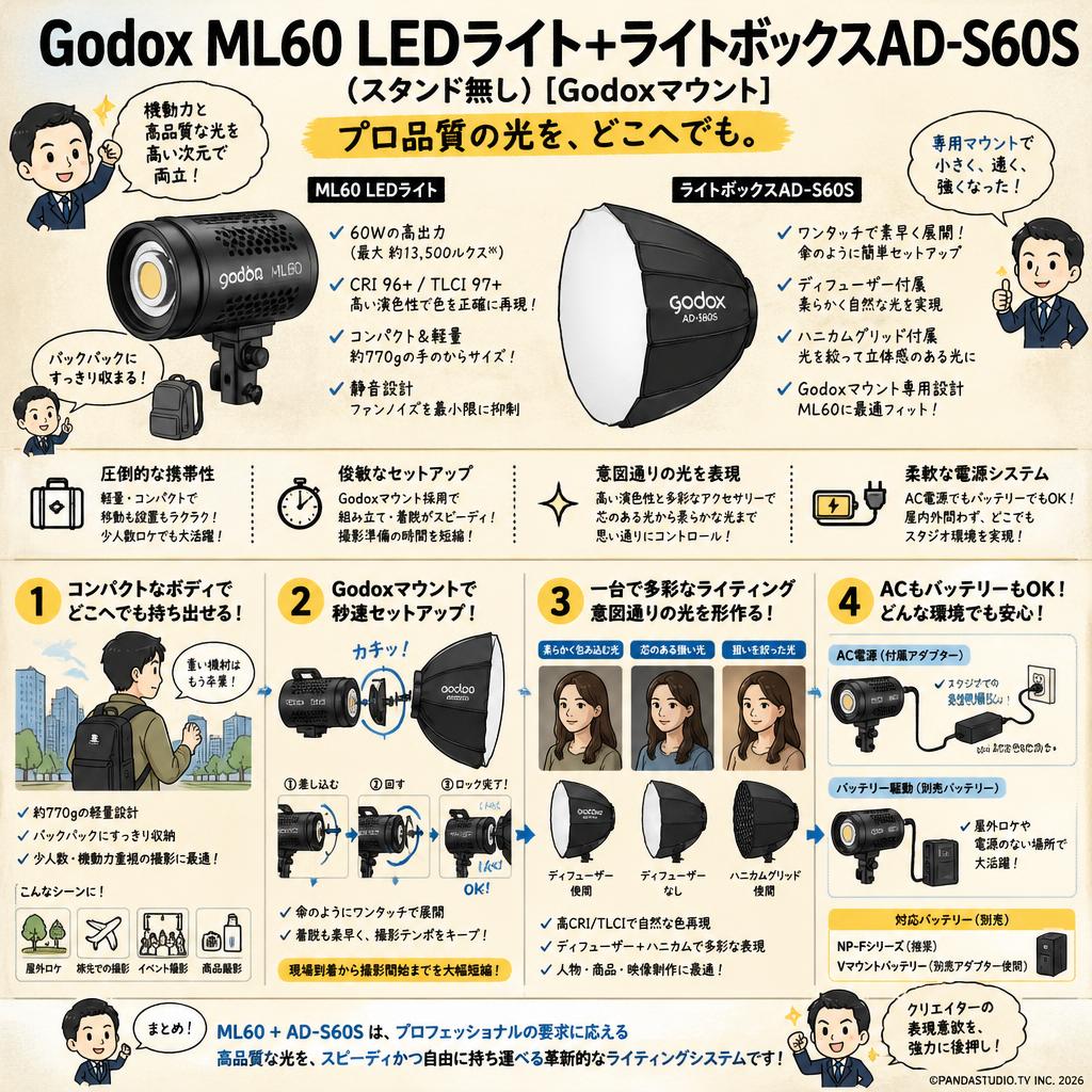 Godox ML60 LEDライト+ライトボックスAD-S60S(スタンド無し)[Godoxマウント] 概要