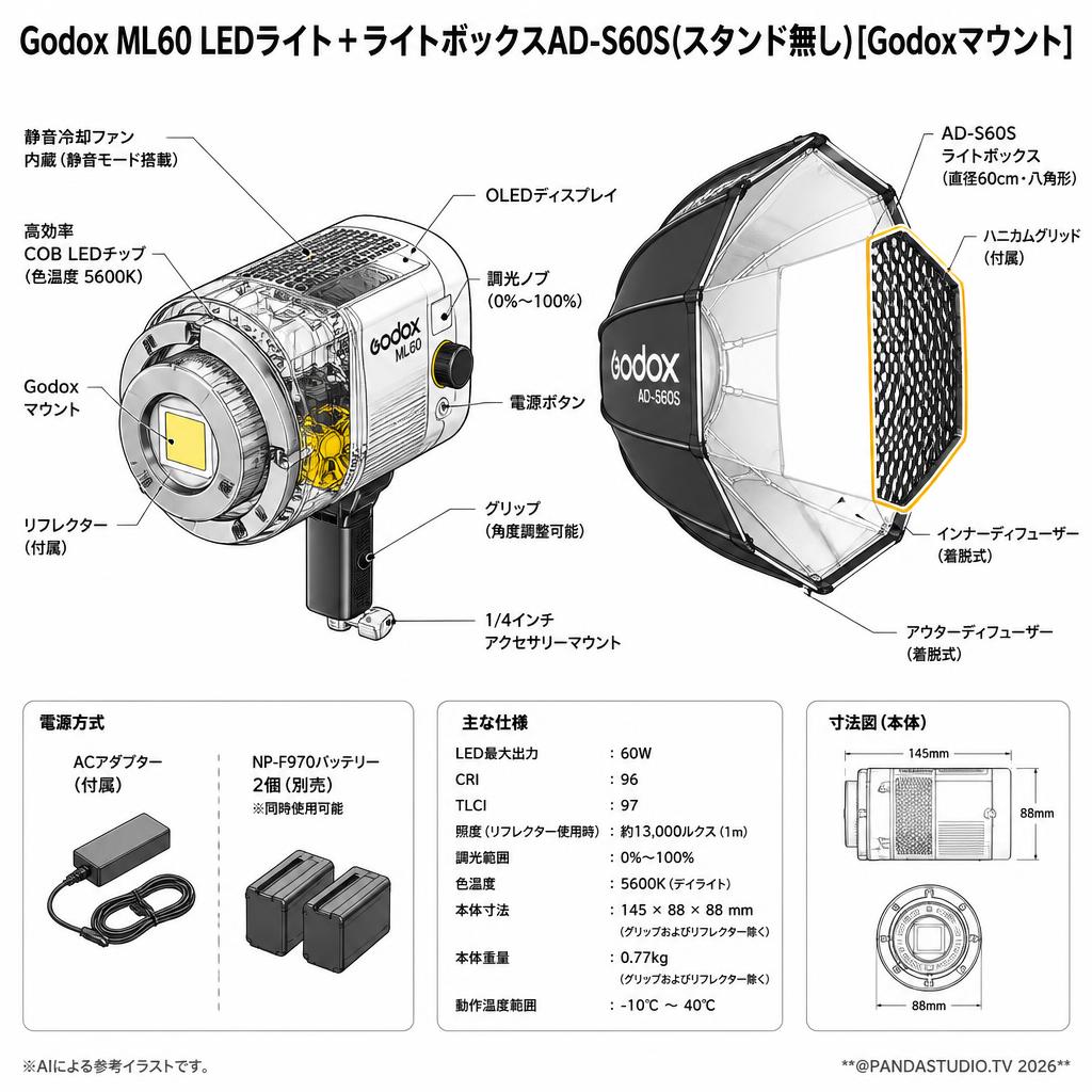 Godox ML60 LEDライト+ライトボックスAD-S60S(スタンド無し)[Godoxマウント] スペック