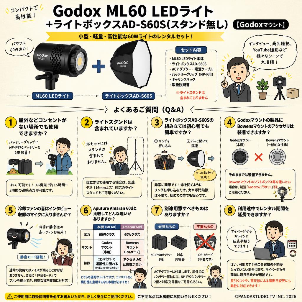 Godox ML60 LEDライト+ライトボックスAD-S60S(スタンド無し)[Godoxマウント] FAQ（よくある質問と答え）