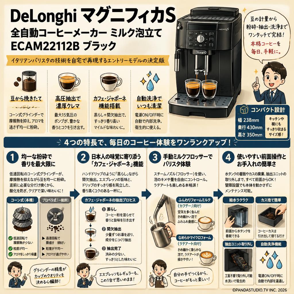 DeLonghi マグニフィカS 全自動コーヒーメーカー ミルク泡立て ECAM22112B ブラック 概要