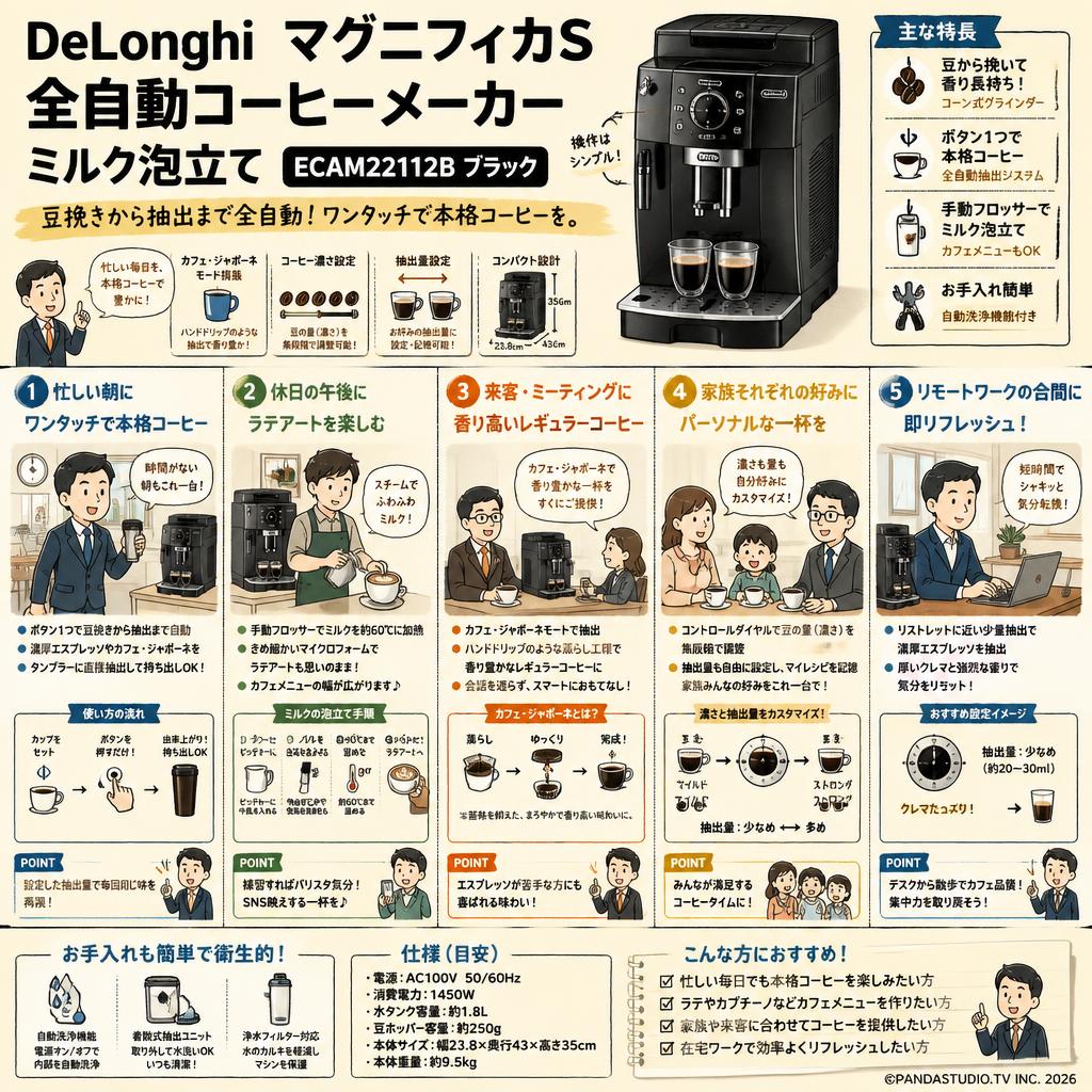 DeLonghi マグニフィカS 全自動コーヒーメーカー ミルク泡立て ECAM22112B ブラック 用途