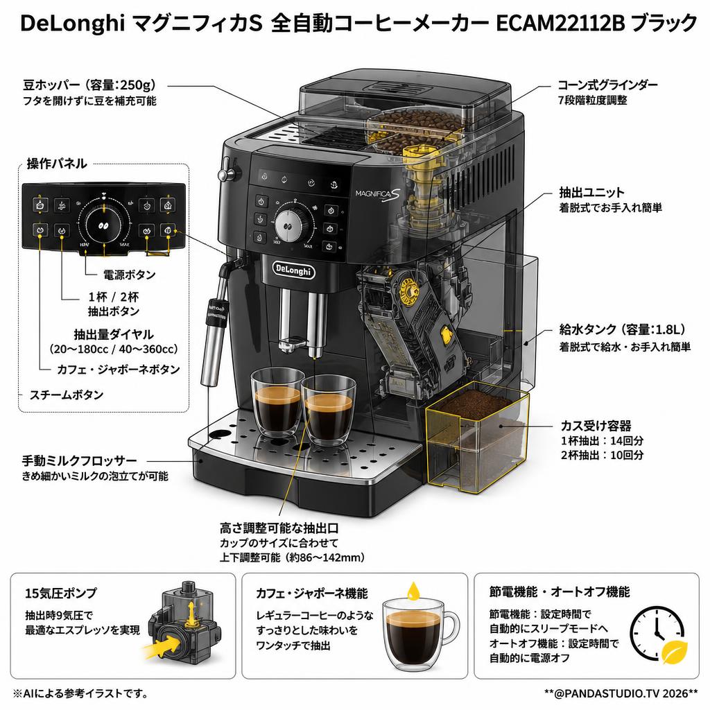 DeLonghi マグニフィカS 全自動コーヒーメーカー ミルク泡立て ECAM22112B ブラック スペック