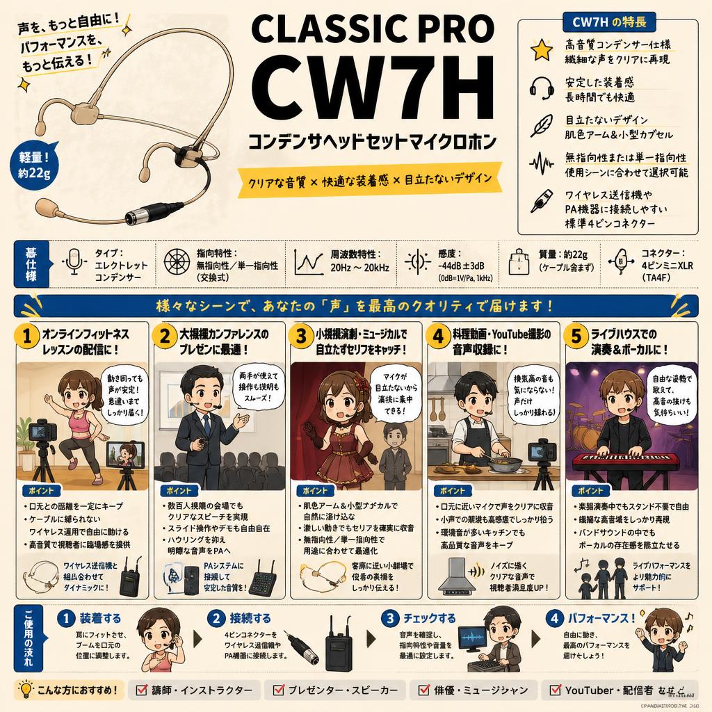 CLASSIC PRO CW7H コンデンサヘッドセットマイクロホン 用途