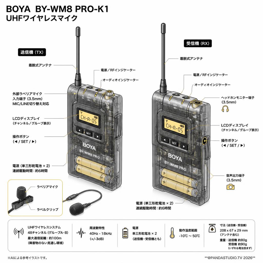 BOYA  BY-WM8 PRO-K1 UHFワイヤレスマイク スペック