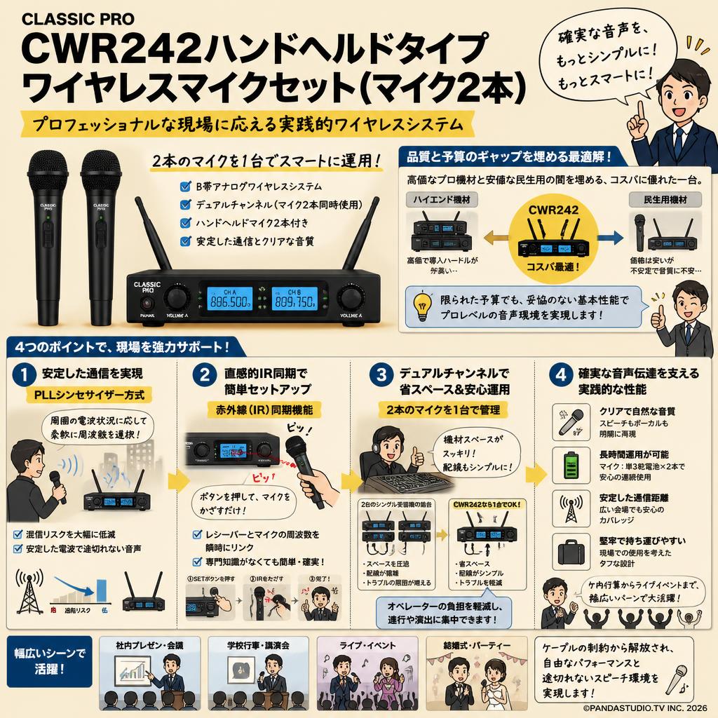 CLASSIC PRO CWR242ハンドヘルドタイプワイヤレスマイクセット(マイク２本） 概要