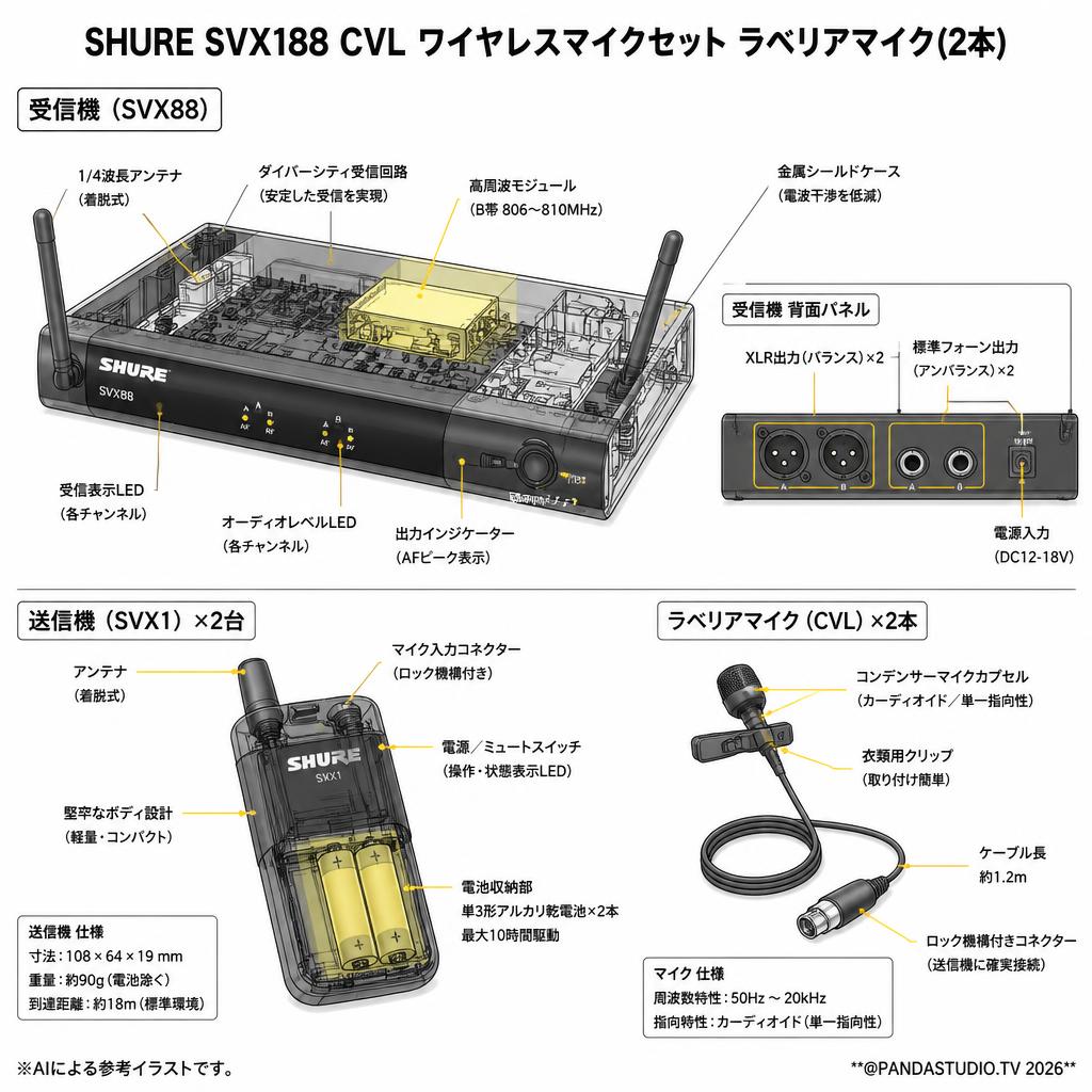 SHURE SVX188 CVL ワイヤレスマイクセット ラベリアマイク(2本) スペック