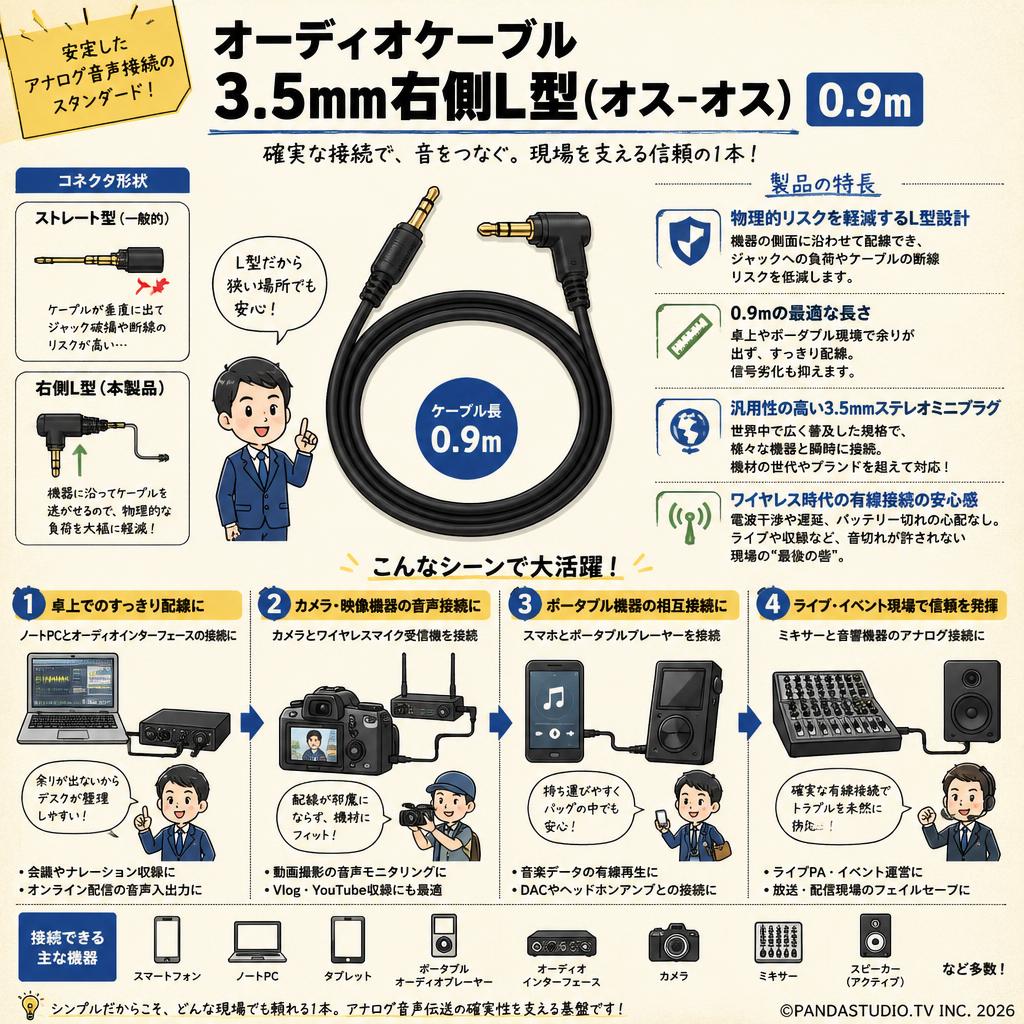 オーディオケーブル3.5mm右側L型(オスーオス)(0.9m) 概要