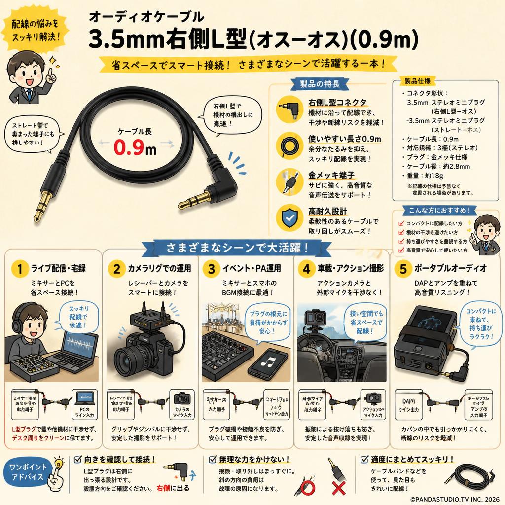 オーディオケーブル3.5mm右側L型(オスーオス)(0.9m) 用途