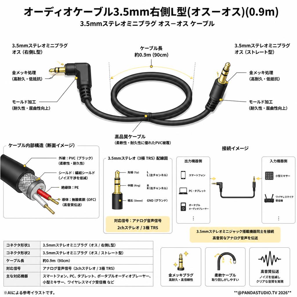 オーディオケーブル3.5mm右側L型(オスーオス)(0.9m) スペック