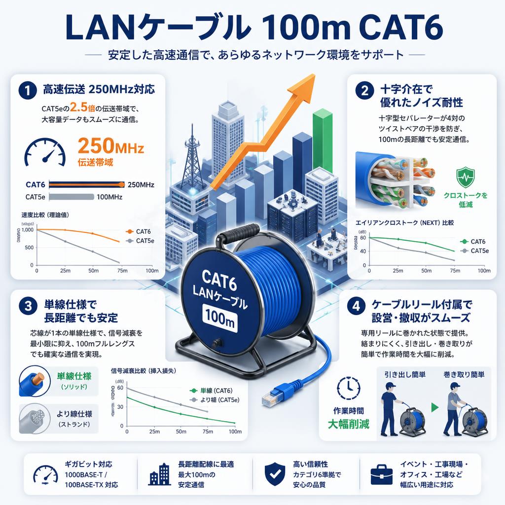 LANケーブル 100m CAT6 セールスポイント