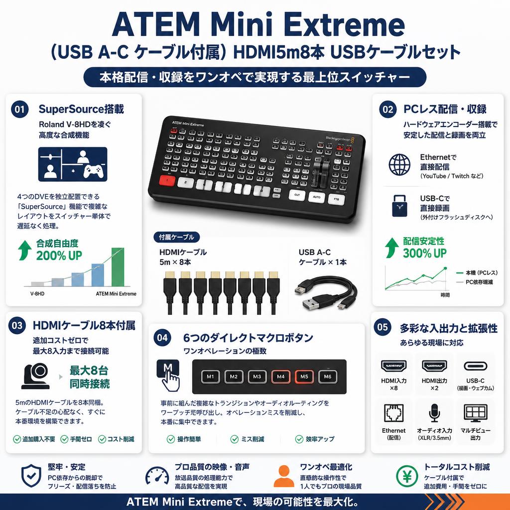 ATEM Mini Extreme（USB A-C ケーブル付属） HDMI5m8本 USBケーブルセット セールスポイント