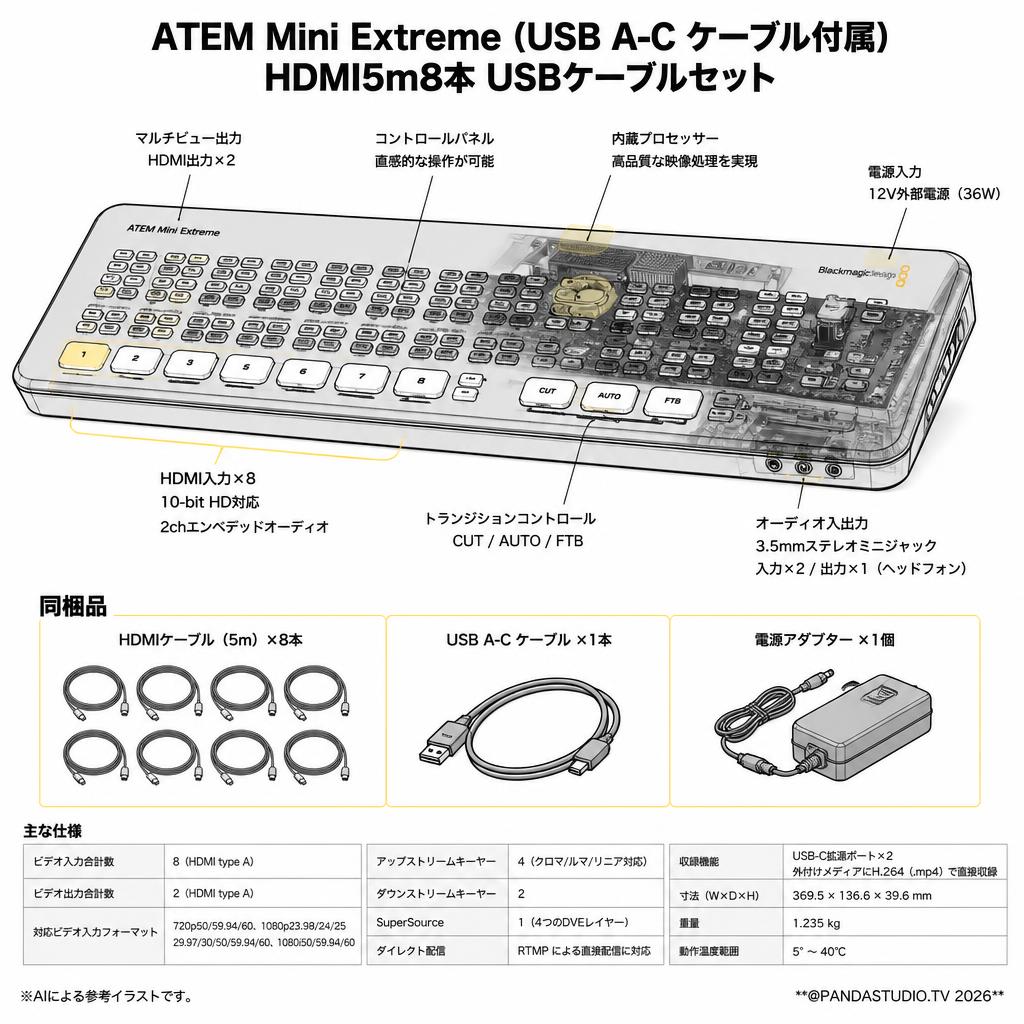 ATEM Mini Extreme（USB A-C ケーブル付属） HDMI5m8本 USBケーブルセット スペック