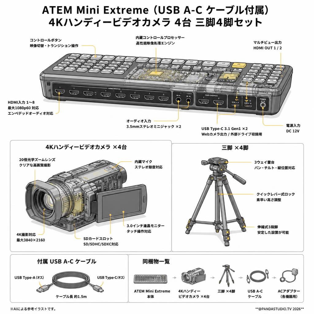 ATEM Mini Extreme （USB A-C ケーブル付属）4Kハンディービデオカメラ 4台 三脚4脚セット スペック