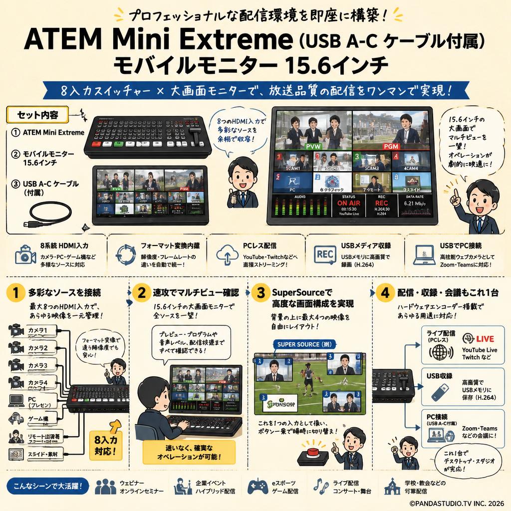 ATEM Mini Extreme（USB A-C ケーブル付属） モバイルモニター 15.6インチ 概要