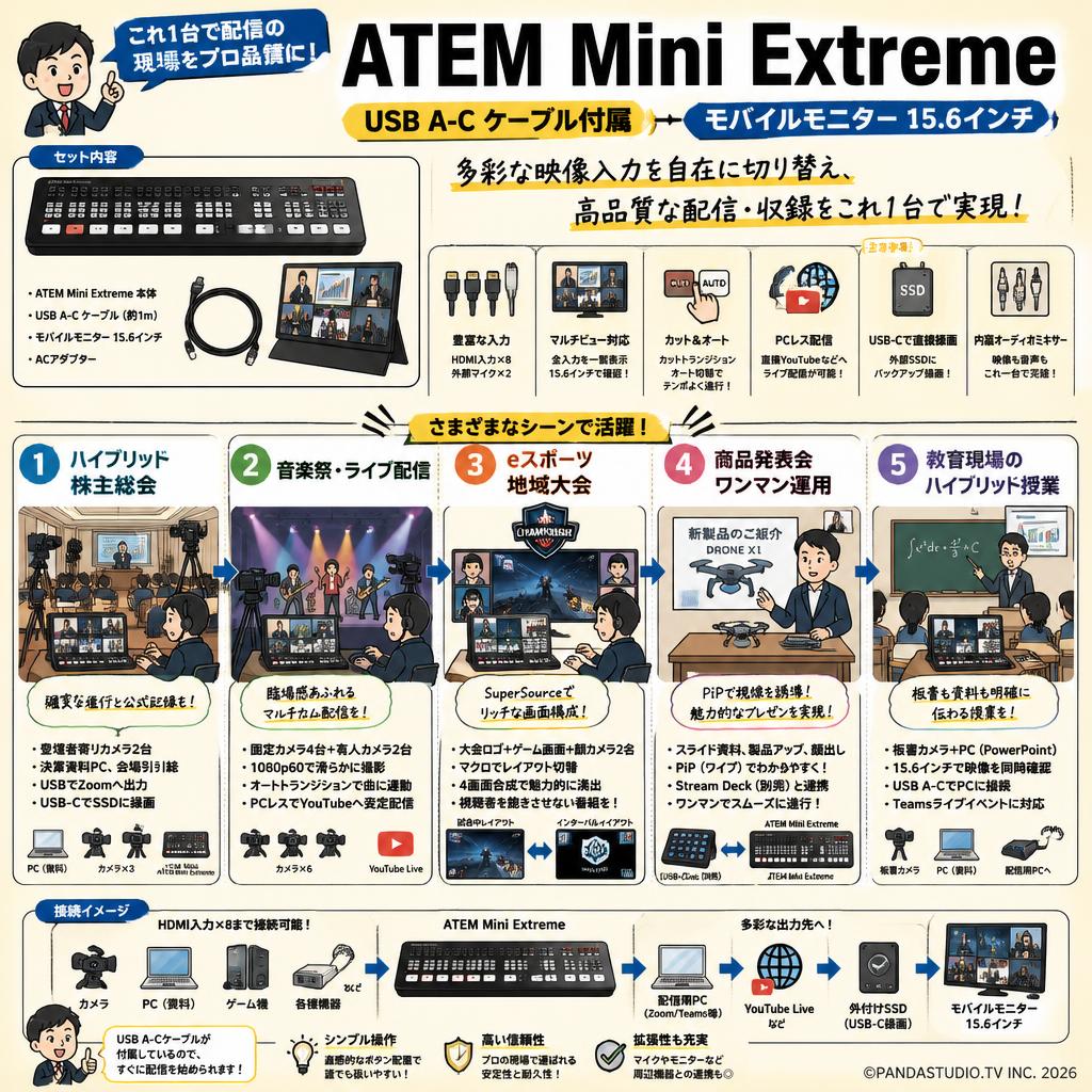 ATEM Mini Extreme（USB A-C ケーブル付属） モバイルモニター 15.6インチ 用途