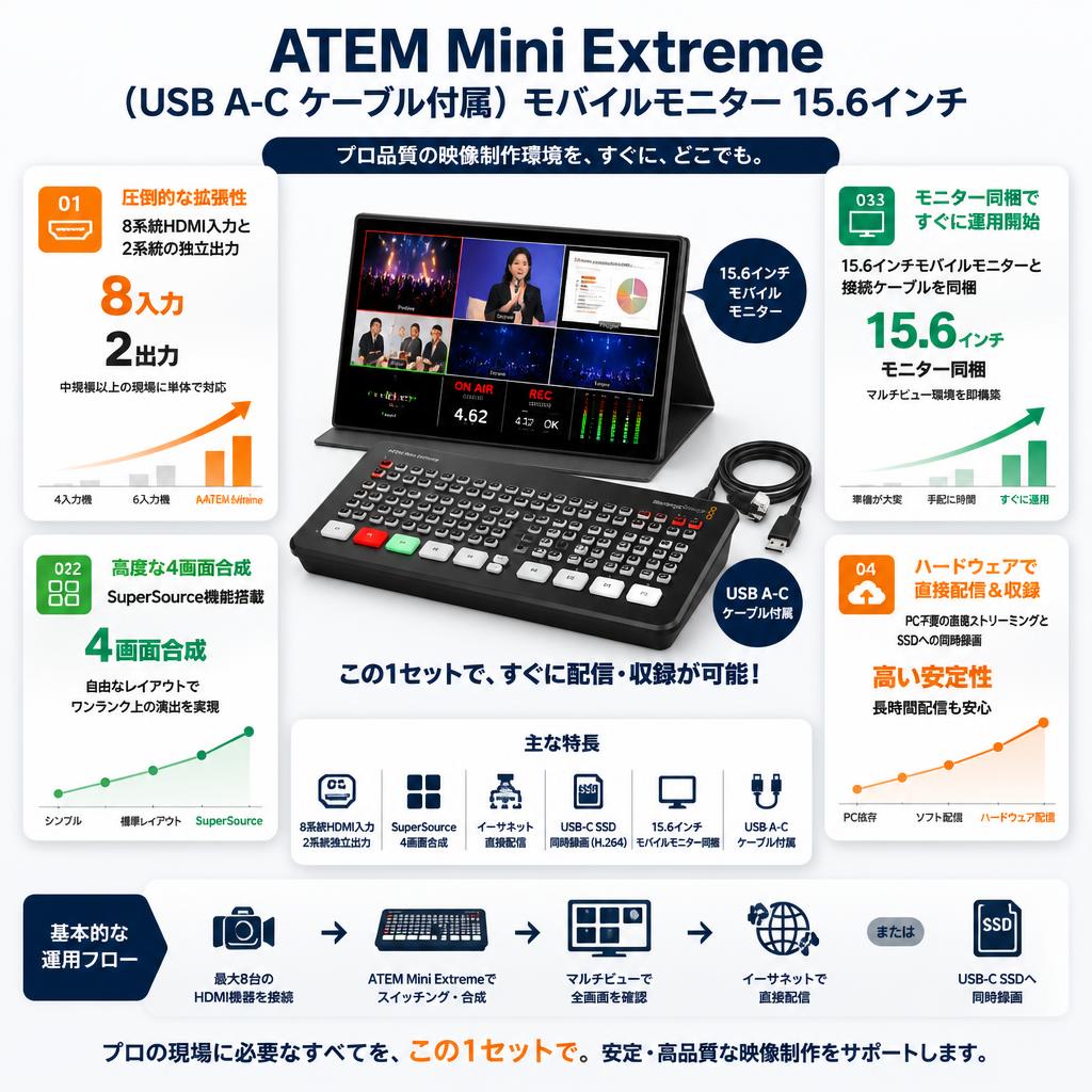 ATEM Mini Extreme（USB A-C ケーブル付属） モバイルモニター 15.6インチ セールスポイント