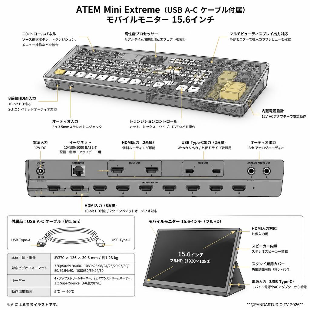 ATEM Mini Extreme（USB A-C ケーブル付属） モバイルモニター 15.6インチ スペック