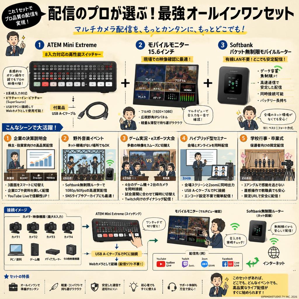 ATEM Mini Extreme （USB A-C ケーブル付属）＋ モバイルモニター 15.6インチ ＋ Softbank パケット無制限モバイルルーター 用途