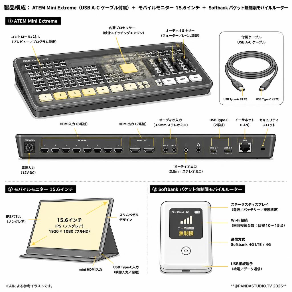 ATEM Mini Extreme （USB A-C ケーブル付属）＋ モバイルモニター 15.6インチ ＋ Softbank パケット無制限モバイルルーター スペック