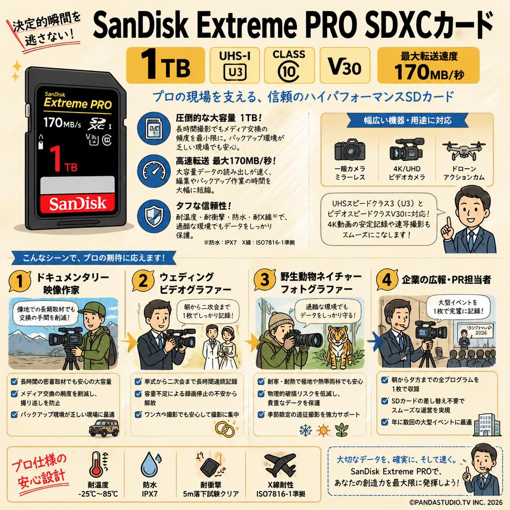 SanDisk  1TB UHS-I U3 Class10  Extreme PRO 170MB/s  V30 SDXCカード おもな対象のお客様