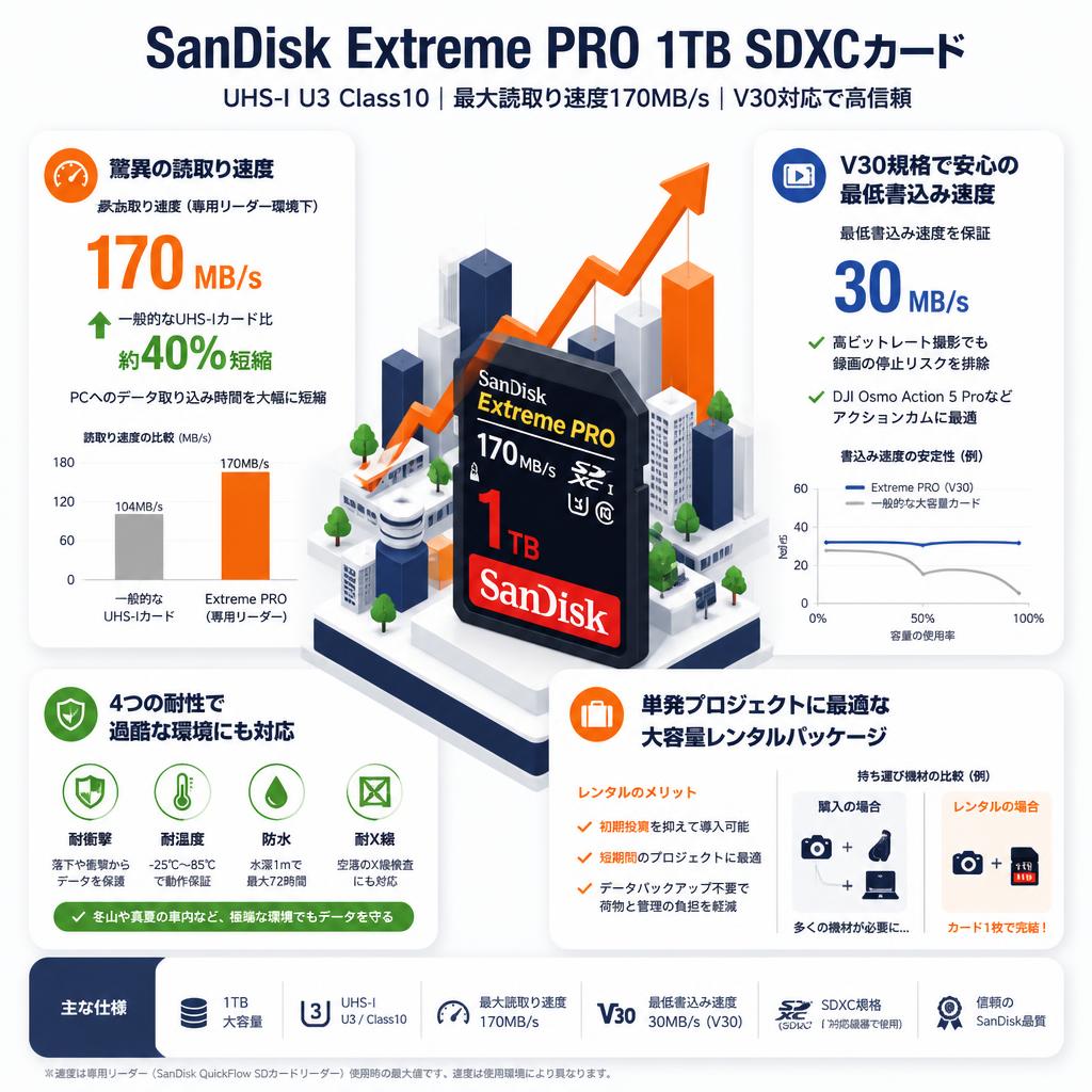 SanDisk  1TB UHS-I U3 Class10  Extreme PRO 170MB/s  V30 SDXCカード セールスポイント