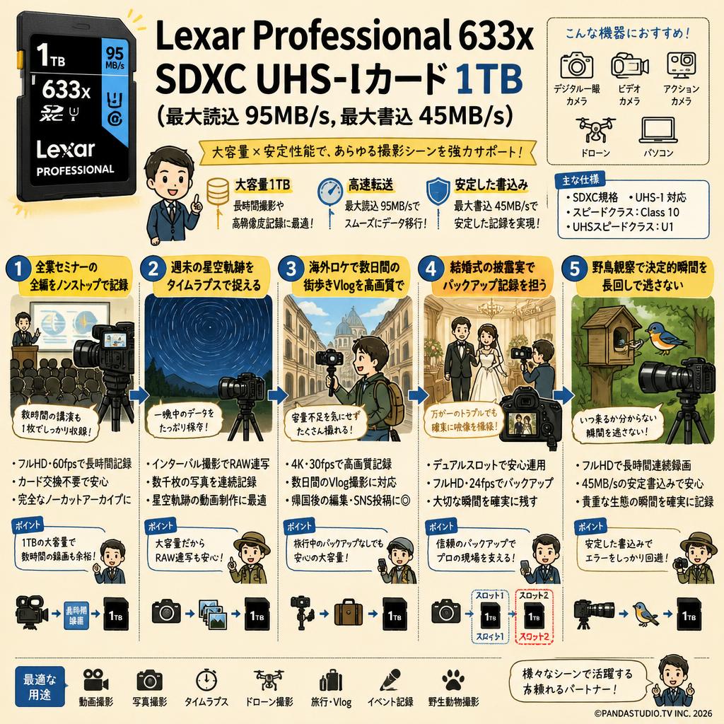 Lexar Professional 633x SDXC UHS-Iカード 1TB (最大読込 95MB/s, 最大書込 45MB/s) 用途