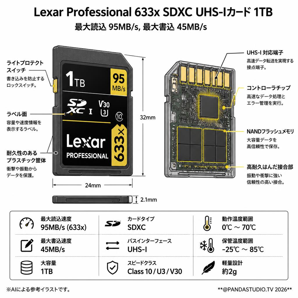 Lexar Professional 633x SDXC UHS-Iカード 1TB (最大読込 95MB/s, 最大書込 45MB/s) スペック