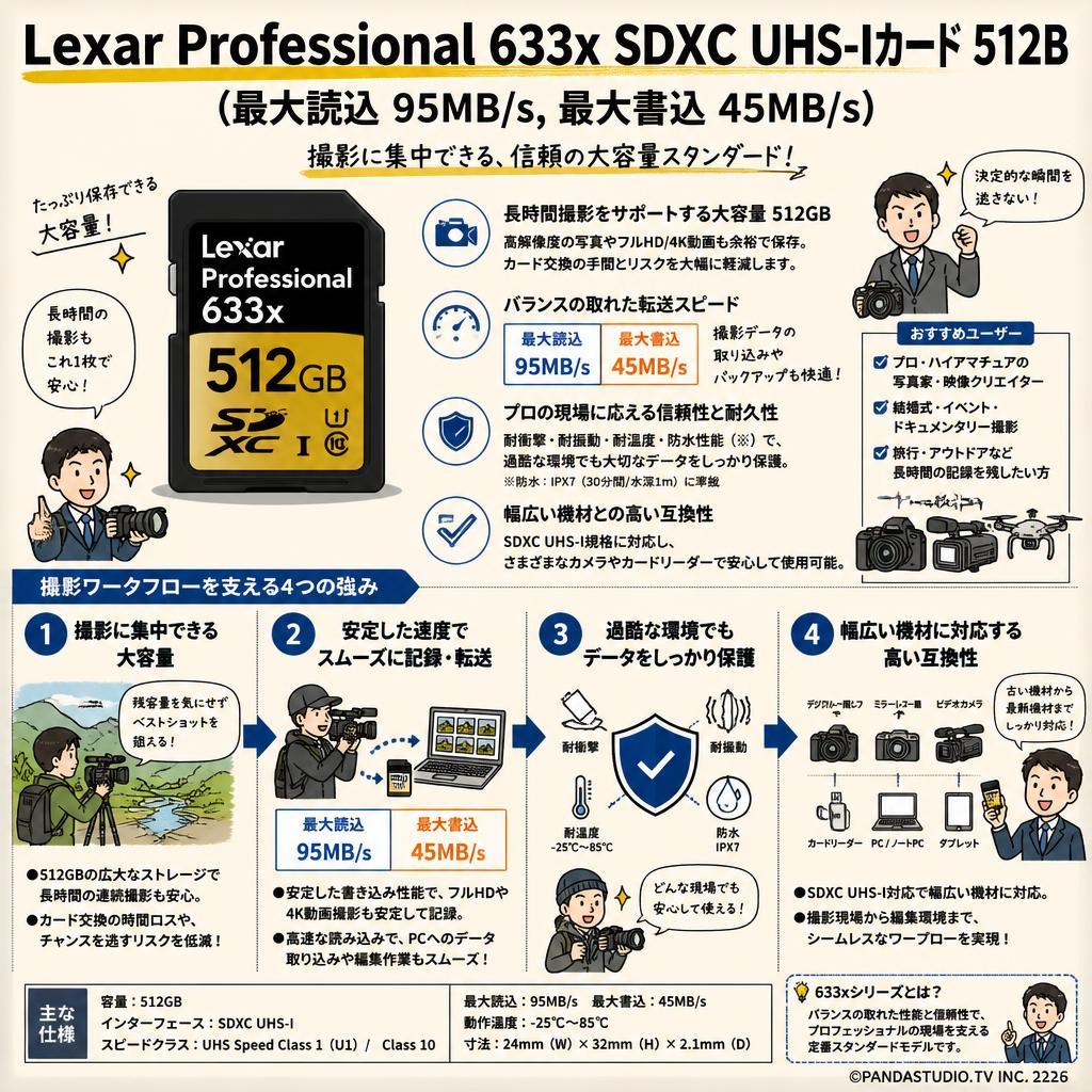 Lexar Professional 633x SDXC UHS-Iカード 512B (最大読込 95MB/s, 最大書込 45MB/s) 概要
