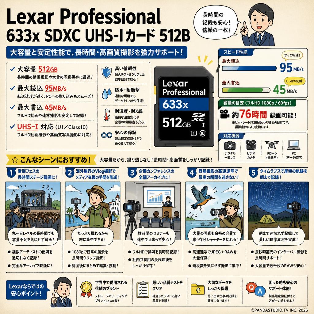 Lexar Professional 633x SDXC UHS-Iカード 512B (最大読込 95MB/s, 最大書込 45MB/s) 用途