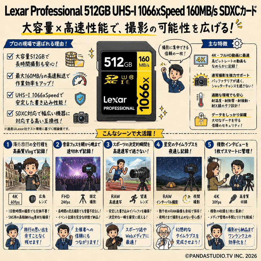 Lexar Professional 512GB UHS-I 1066xSpeed 160MB/s SDXCカード 用途