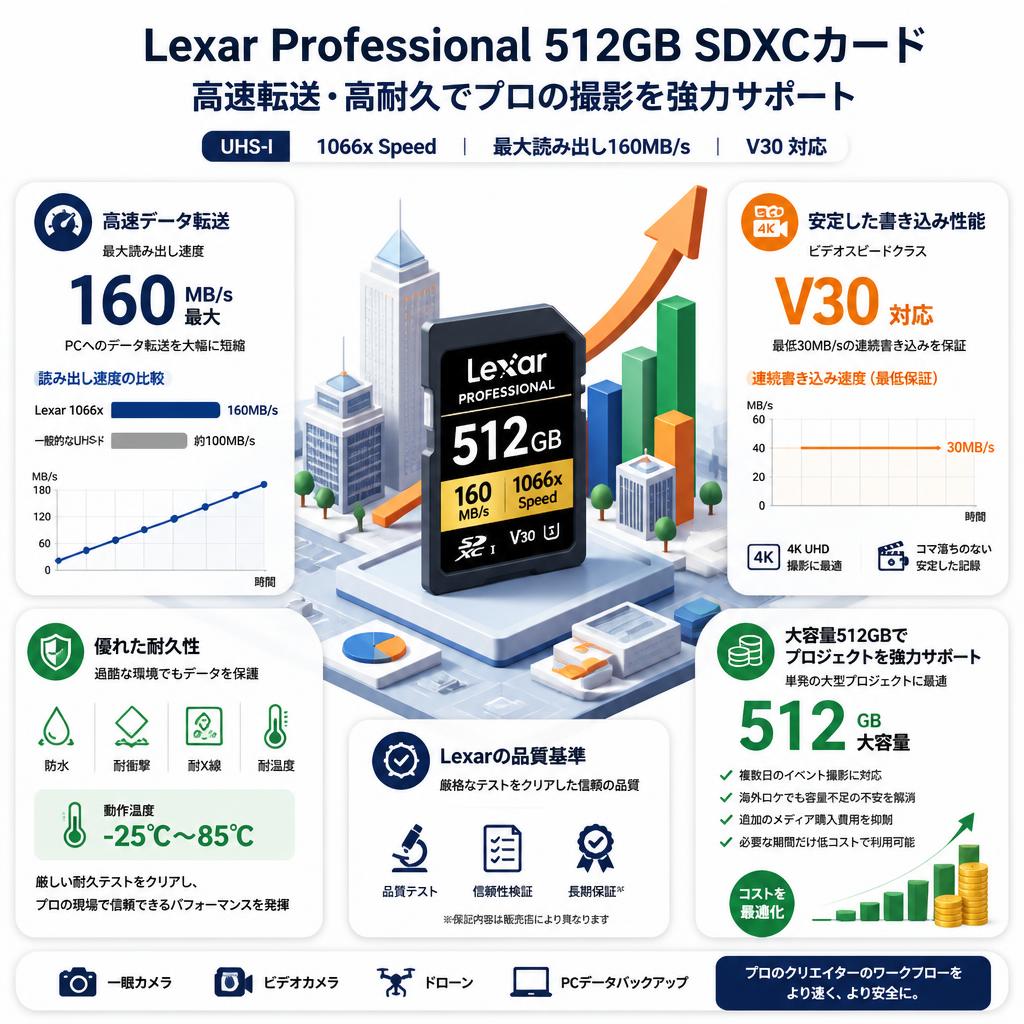 Lexar Professional 512GB UHS-I 1066xSpeed 160MB/s SDXCカード セールスポイント