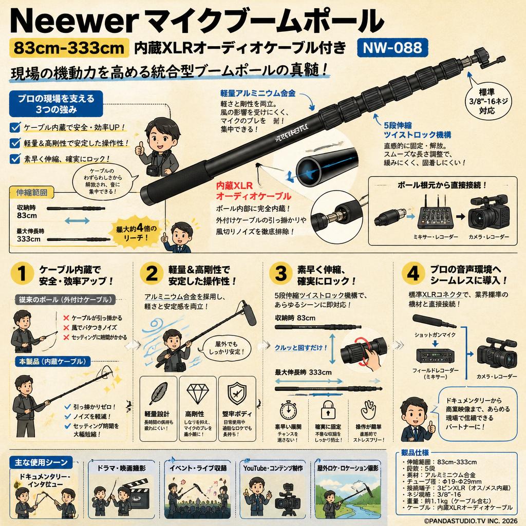 Neewer マイクブームポール 83cm-333cm 内蔵XLRオーディオケーブル付きNW-088 概要