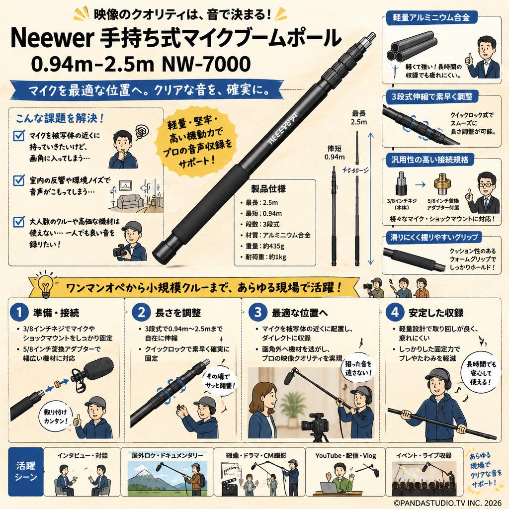 Neewer 手持ち式マイクブームポール 0.94m-2.5m NW-7000 概要