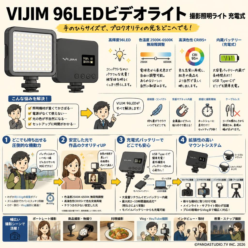 VIJIM 96LEDビデオライト 撮影照明ライト 充電式 概要