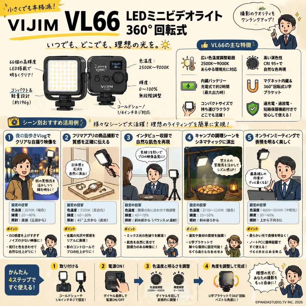 VIJIM VL66 LEDミニビデオライト 360°回転式 用途