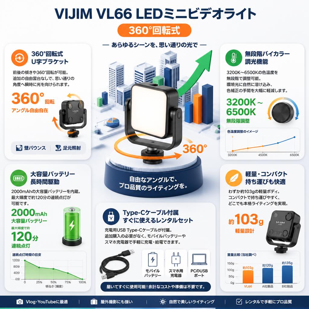 VIJIM VL66 LEDミニビデオライト 360°回転式 セールスポイント