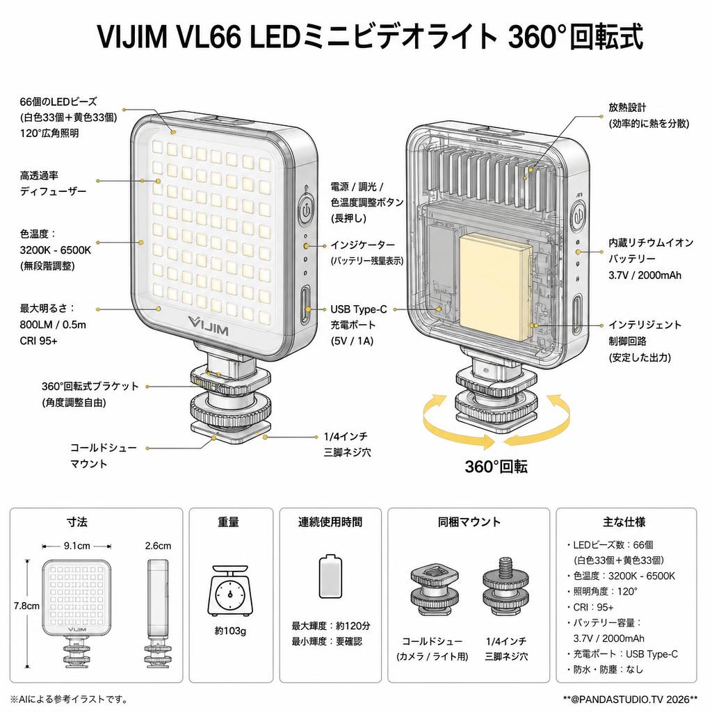 VIJIM VL66 LEDミニビデオライト 360°回転式 スペック