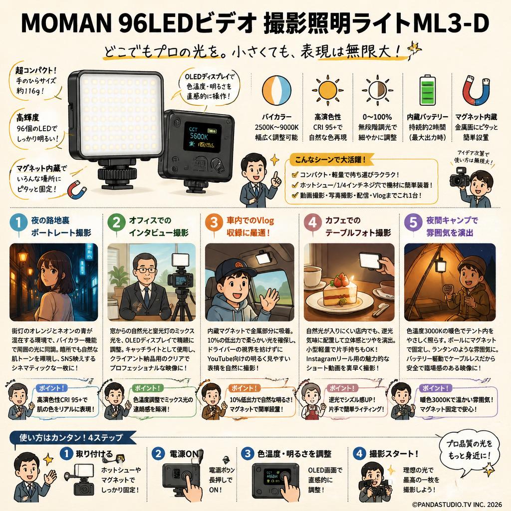 MOMAN 96LEDビデオ 撮影照明ライトML3-D 用途